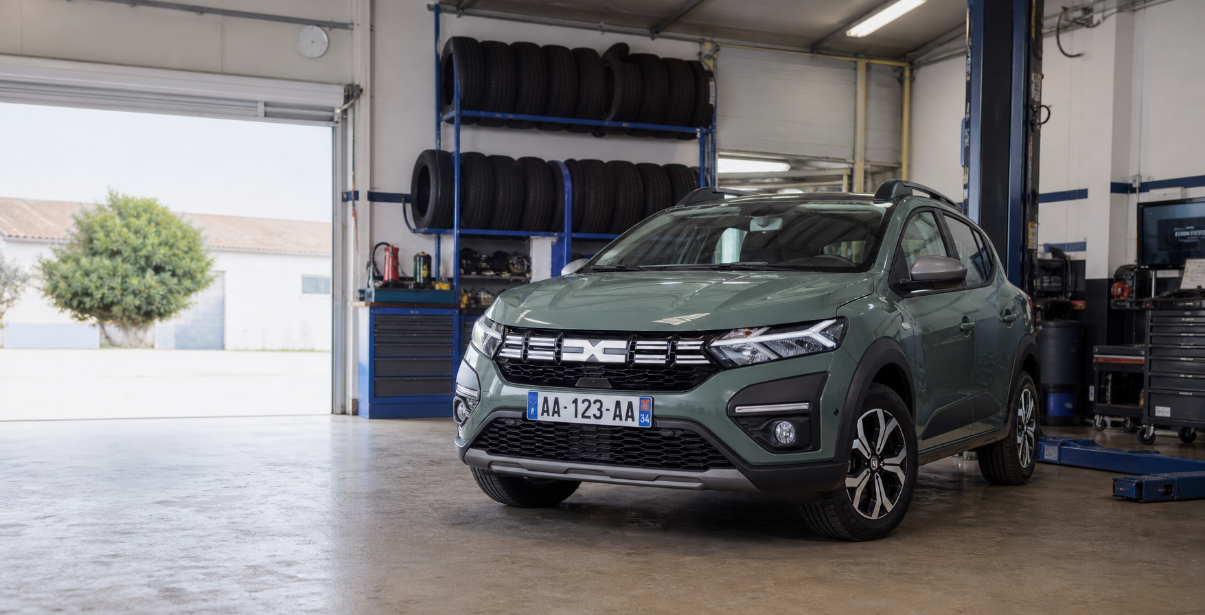 Dacia crossover en atelier Recacor pour changement de pneus au Cres