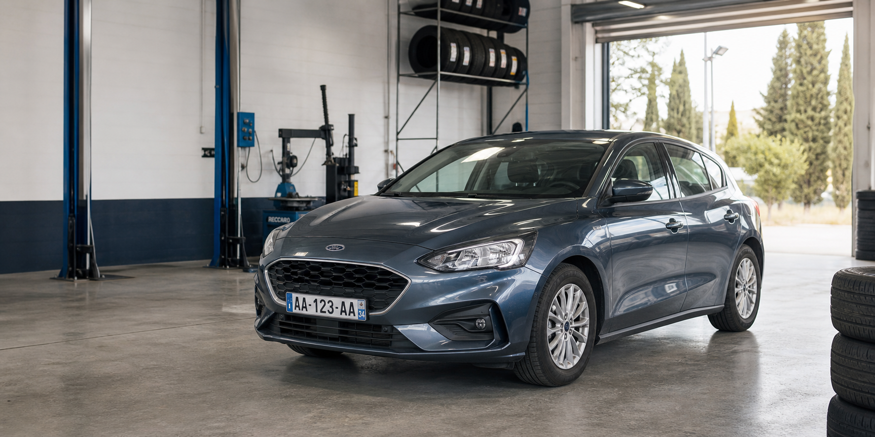 Ford compacte en atelier Recacor pour changement de pneus au Cres