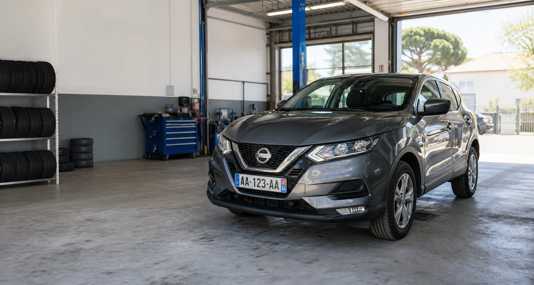 Nissan crossover en atelier Recacor pour changement de pneus au Cres