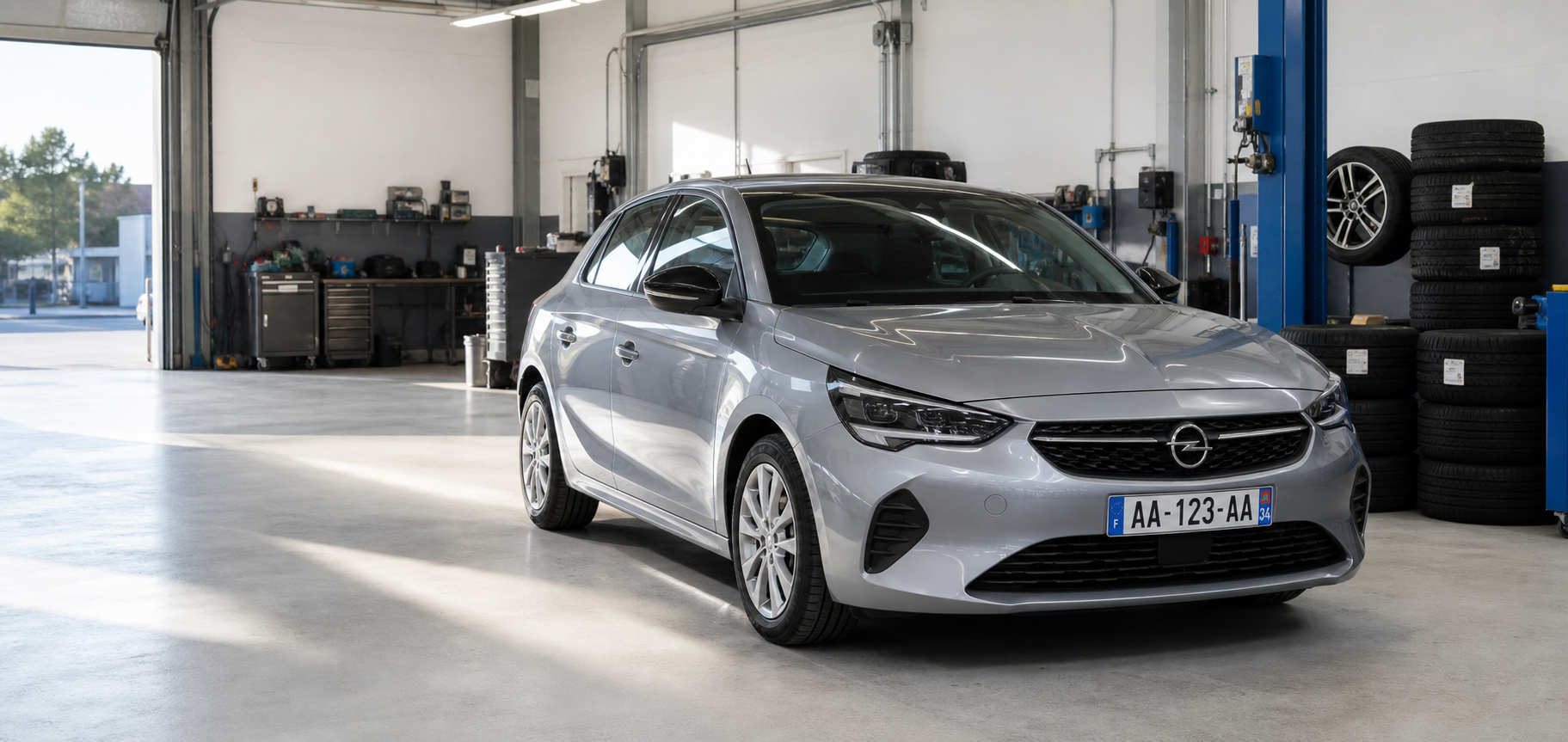 Opel berline compacte en atelier Recacor pour changement de pneus au Cres