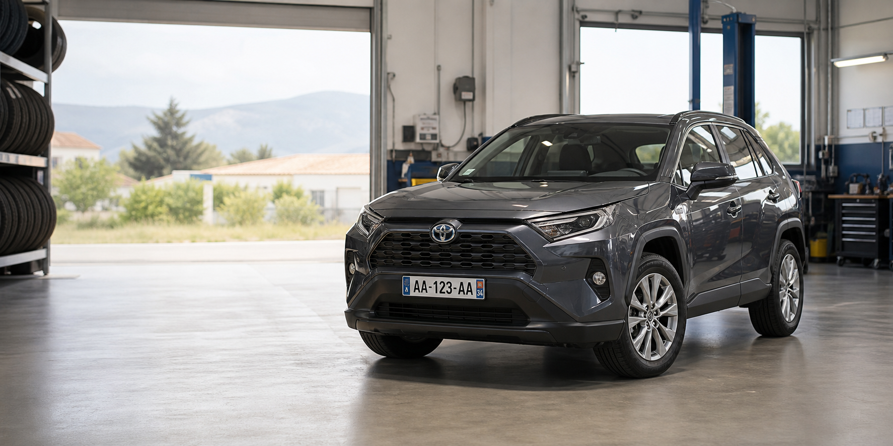 Toyota SUV en atelier Recacor pour changement de pneus au Cres