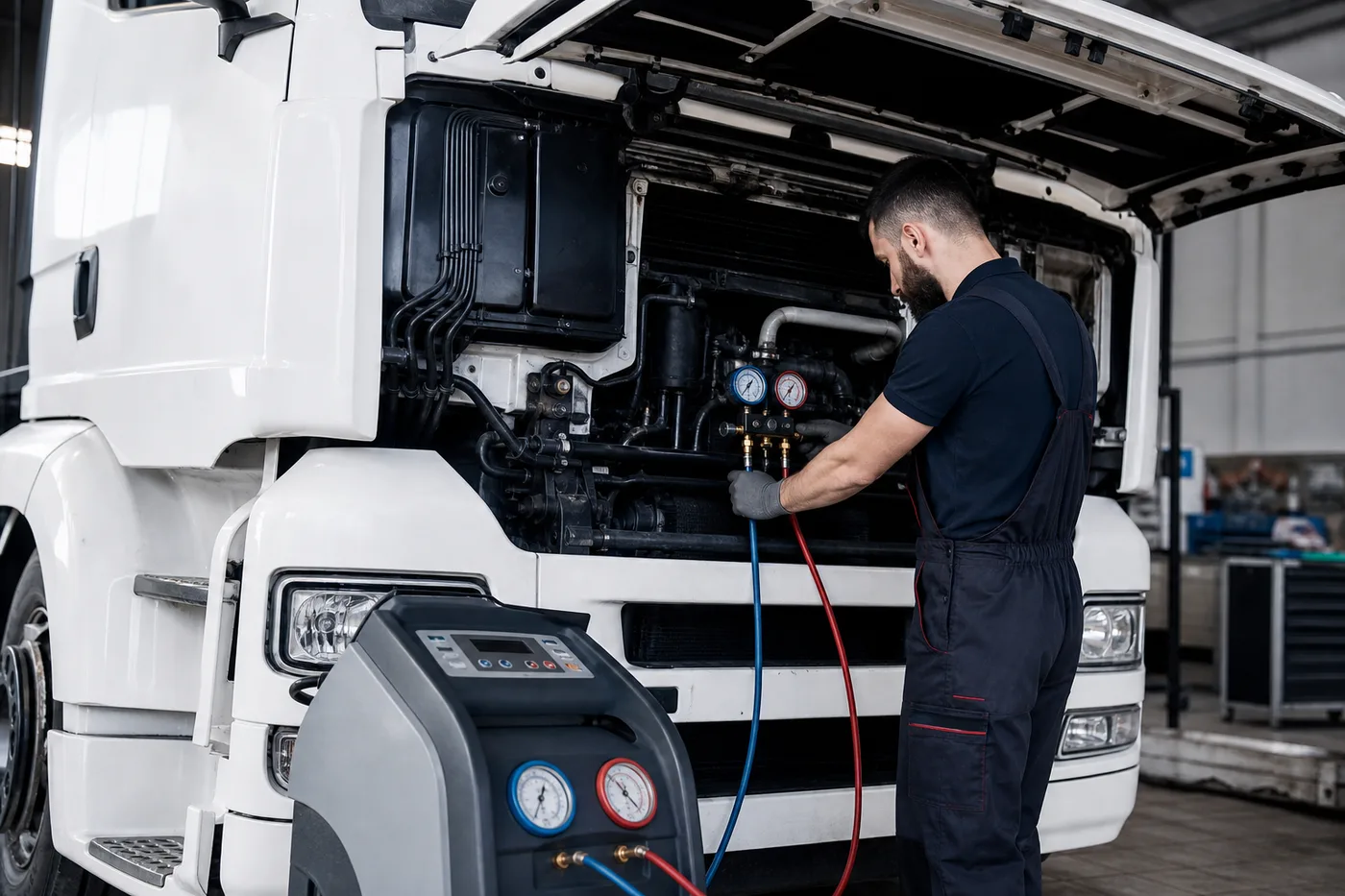 Technicien effectuant un contrôle de climatisation sur un camion à l'atelier