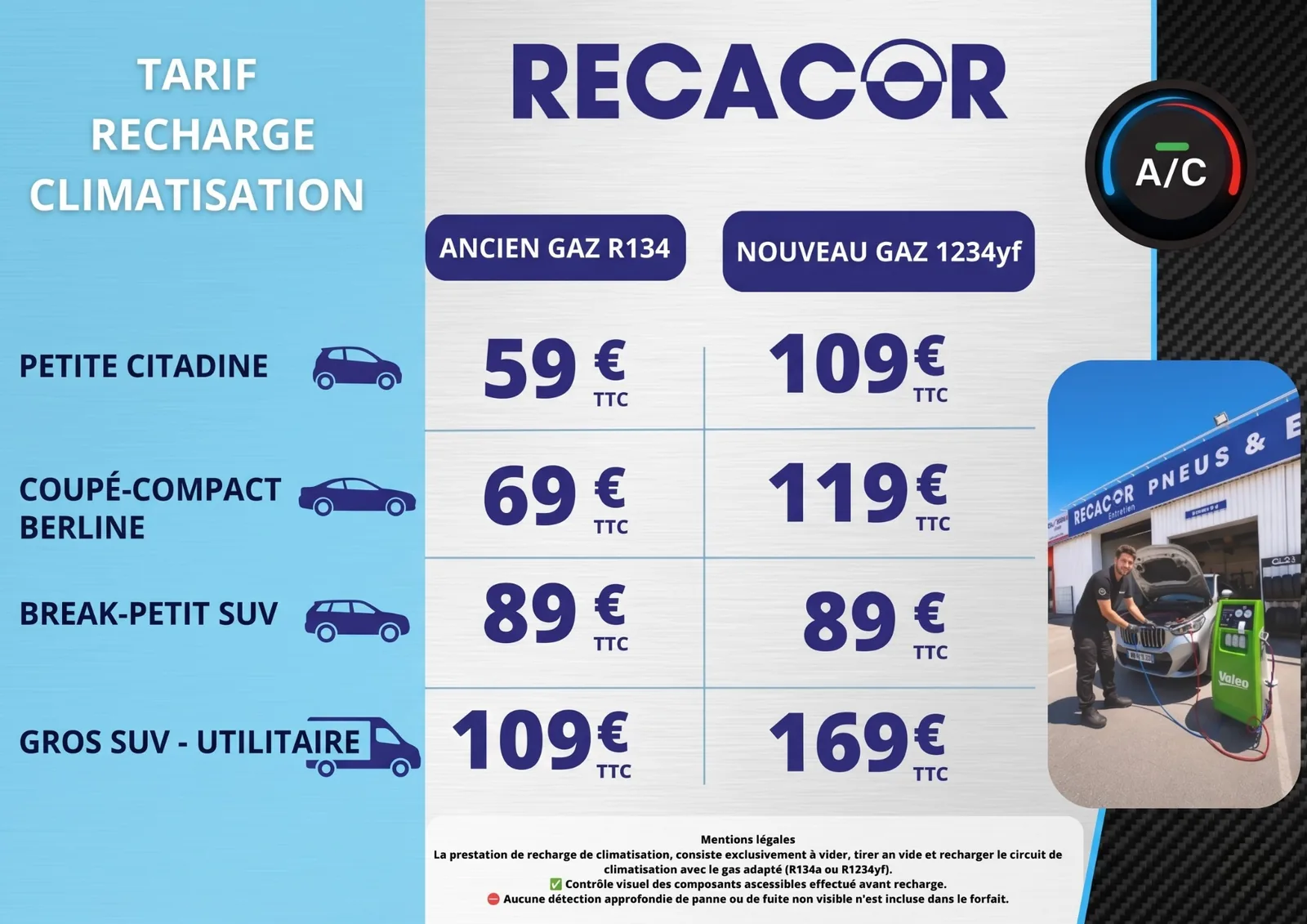 Grille tarifaire recharge climatisation Recacor : ancien gaz R134 et nouveau gaz 1234yf selon type de véhicule
